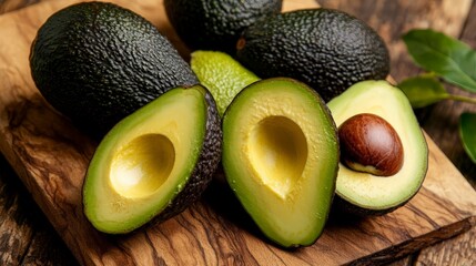 Freshly Cut Avocados on Wooden Cutting Board