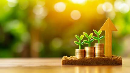 Three seedlings sprout from piles of coins on a wooden surface, with a wooden arrow pointing upwards, symbolizing growth and investment in a glowing, peaceful environment