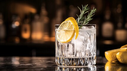 beverage photography, artisanal cocktail, served in a crystal glass, featuring a mix of gin, elderflower liqueur, and fresh lemon juice, garnished with a lemon twist and sprig of rosemary, soft and