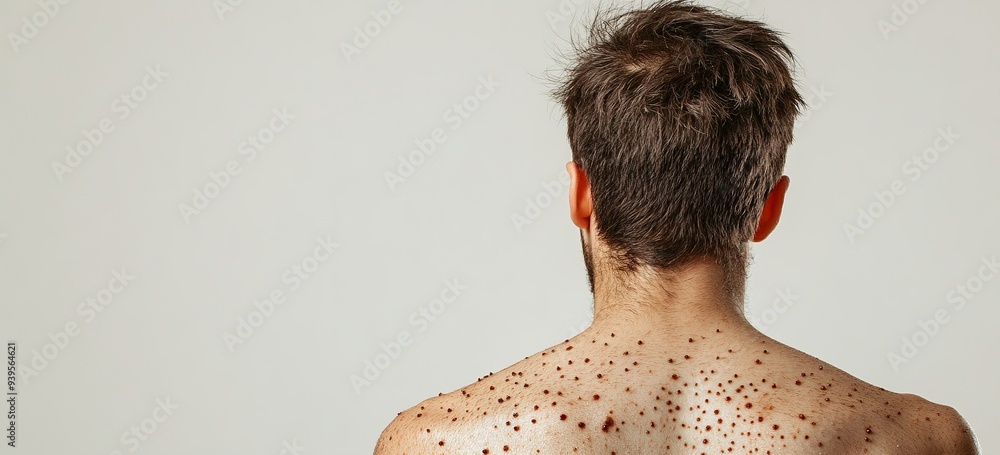 Caucasian male back with monkeypox, mpox disease symptoms. Painful rash ...