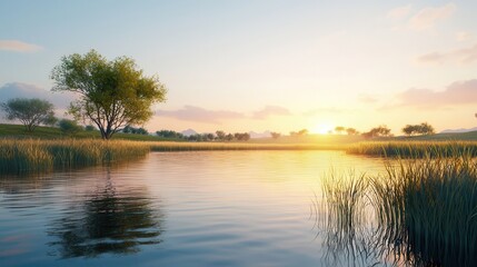 Wall Mural - Tranquil Sunset Over a Serene Lake.