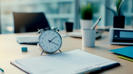 A stylish workspace featuring an alarm clock, notebook, and stationery, perfect for themes of time management and productivity.