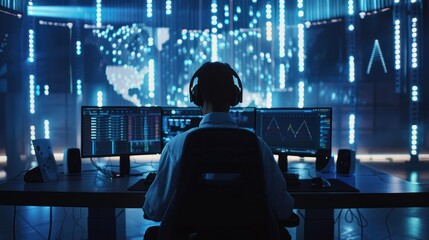 Man in Headphones Analyzing Data in a Tech Environment