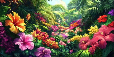 Sticker - A lush tropical garden with vibrant flowers.