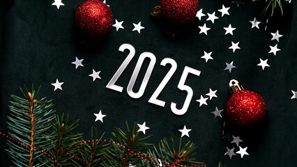 Wall Mural - new year 2025 dark background. number of the coming year in christmas decoration.
