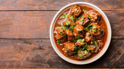 Poster - Serving up a mouthwatering spicy beef curry with fresh coriander on a charming wooden table