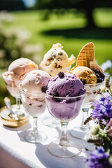 Wall Mural - Ice cream desserts buffet table, event food catering for wedding, party and holiday celebration, ice creams and flowers decor in a floral countryside garden, post-processed, generative ai