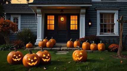 Old house with Halloween pumpkins in the autumn garden