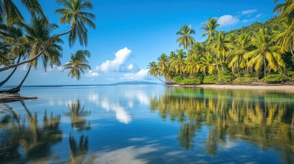 A serene tropical beach with palm trees and calm waters reflecting the sky.