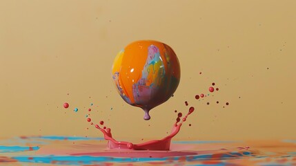 Sticker - An intense image capturing the dynamic burst of a colorful paint-filled balloon mid-splash against a soft, neutral backdrop.