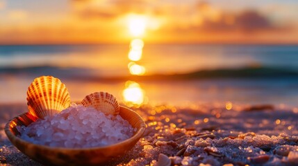 A bowl of sea salt sits on a sandy beach at sunset with two seashells resting on top, symbolizing the beauty and tranquility of nature, the essence of the sea, and the relaxing feeling of a summer vac