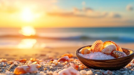 Wall Mural - A bowl of seashells and salt sits on a sandy beach at sunset, symbolizing the beauty of nature, the calmness of the ocean, the passing of time, and the memories held within seashells.