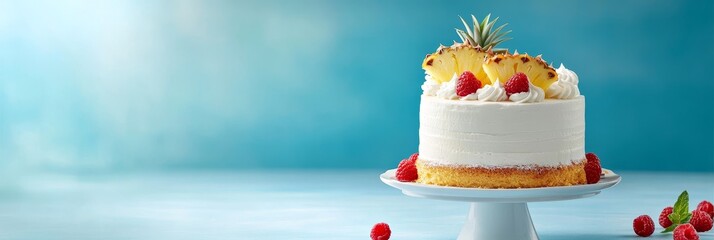 A close-up of a delicious pineapple and raspberry cake on a white cake stand, with a blue background. The cake is decorated with fresh pineapple slices and raspberries, and is perfect for a summer cel