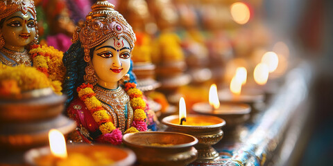 Beautiful goddess lakshmi idol , surrounded by burning candles on the hindu festival of Navaratri