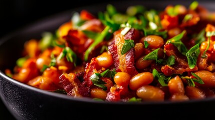 A close-up shot of a bowl of baked beans with smoky bacon and herbs. The beans are cooked to perfection, and the bacon is crispy and flavorful. The herbs add a touch of freshness to the dish.