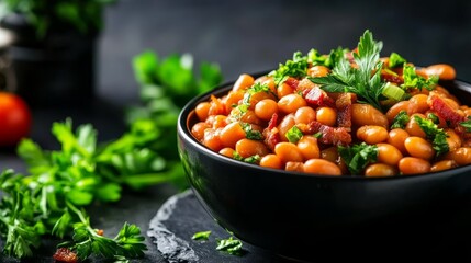 A close-up shot of a bowl of baked beans with chunks of smoky bacon and fresh parsley. The beans are cooked to perfection and have a rich, savory flavor. The bacon adds a smoky depth, while the parsle