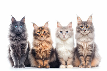 Wall Mural - Four Maine Coon cats of red, blue, gray and tortoiseshell color sit on a light background