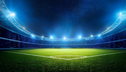 beautiful sports stadium with a green grass field shines with blue spotlights at night with stars. Sports tournament, world championship