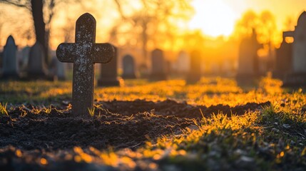 Cross in a Cemetery at Sunset