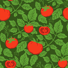 Wall Mural - Tomatoes seamless pattern,  vector illustration, engraving style, fabric design