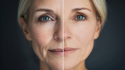 This captivating visual presents a woman's face divided in half, revealing the contrast between aging signs and skin rejuvenation, middle-aged girl before and after facelift and facial surgery, botox 