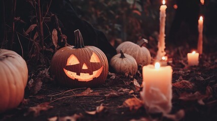 Wall Mural - Jack-O'-Lantern with Candles in a Forest Setting