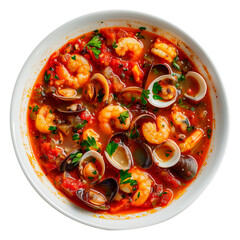 Wall Mural - Seafood soup isolated on white or transparent background. Close-up of Seafood soup in white plate. Top view. Traditional spanish dish