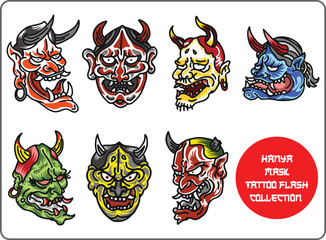 set collection of hanya mask tattoo flash illustration, isolated in white background