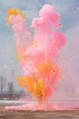 Poster - An exhilarating display of vibrant pink and orange clouds exploding spectacularly, capturing dynamic energy and brisk movement against a sky backdrop.