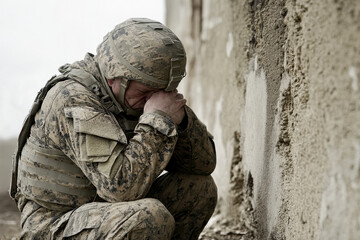 A soldier in camouflage gear sits against a wall, reflecting deeply, showcasing a moment of vulnerability and contemplation.