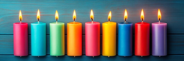 A row of colorful candles arranged on a blue wooden background, symbolizing unity, joy, hope, celebration, and positive energy.