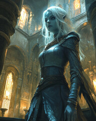 Wall Mural - regal elven sorceress in a majestic cathedral bathed in golden light, her pale blue skin contrasting with her flowing white hair