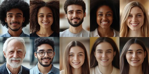 Wall Mural - happy diverse ethnicity different young and old people group headshots in collage mosaic collection. Lot of smiling multicultural faces looking at camera. Human resource society database,Generative AI