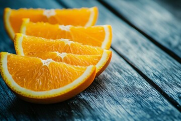 Wall Mural - A close up of a sliced orange on a wooden table