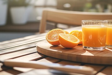 Wall Mural - A glass of orange juice is on a wooden tray with a few slices of orange