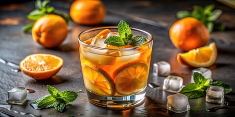 Refreshing Orange Iced Tea with Mint, glass, ice, orange slices, mint leaves, summer drink , iced tea