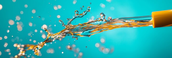 A vibrant and dynamic image of water splashing out of a pipe, creating an abstract wave pattern against a bright blue background. The yellow pipe and the water droplets create a sense of energy and mo