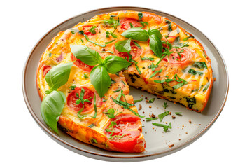 Wall Mural - Frittata isolated on white or transparent background. Frittata in a white plate close-up. Traditional Italian breakfast. Side view.