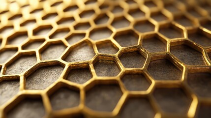 Wall Mural - Intricate macro zoom of a 3D hexagonal honeycomb, showcasing the symmetrical design and detailed textures.