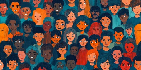 Wall Mural - Diverse crowd of people - seamless banner of 100 different hand drawn faces of various ethnicities, Generative AI