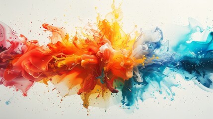 Wall Mural - An explosive display of colorful fluid art featuring splatters and swirls in orange, red, yellow, blue, and other hues, intricately merging on a white canvas.