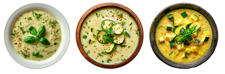 Wall Mural - A set of zucchini cream soup isolated on white or transparent background. Close-up of Zucchini cream soup in a wooden, black and white plate. Top view. Traditional spanish dish