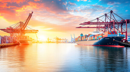 Tranquil dawn break at the harbor, ships at dock and cranes busy loading containers, symbolizing the start of a new day in global trade.