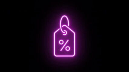 Wall Mural - Neon discount tag animation, uniform icon rotation with color blink. Glowing neon 3D sale tag with percentage, looped icon spin. Discount price label, flash sale offer, discount coupon. 4 colors