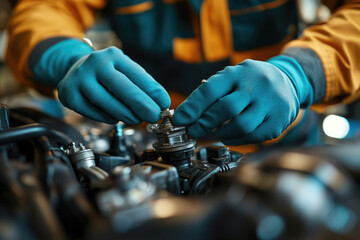 Close-up shot of hands in blue gloves working meticulously on engine parts, highlighting the detailed mechanical work involved in auto repair within a modern workshop setting.