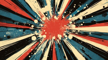 Wall Mural - Energetic comic-style explosion with a jagged red burst, dark blue and cream streaks, and dotted patterns radiating impact.