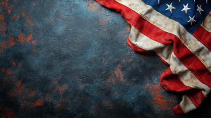 Poster - US Flag on black stone with copy space. Worn American flag on dark stone surface. Patriotic background with US symbols for events, holidays and memorial days.