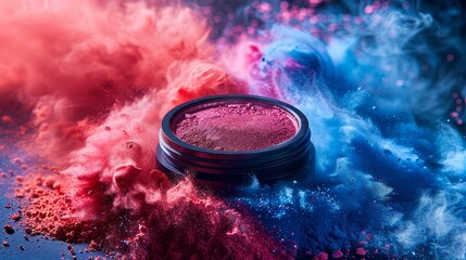 Canvas Print - A dynamic image showing a vivid explosion of red and blue powder surrounding a makeup container, representing chaos and beauty.