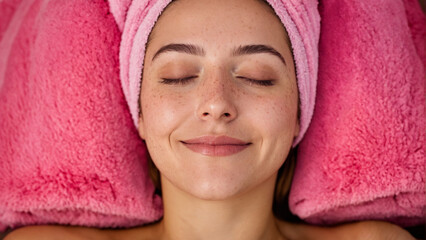 Woman with closed eyes, pink towel on her head, lying on massage table, smiling and relaxing after beauty treatment in spa beauty salon. Beauty and skin care routine concept for banner or flyer.