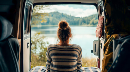 Woman Enjoying the View of a Lake from Inside Her Van with Open Doors, Captured in a Cozy and Scenic Setting. van life nomadic living concept